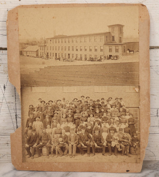 Lot 151 - Antique Board-Mounted Double Occupational Photograph Circa 1880 Depicting Unidentified Factory Or Mill Exterior And Group Portrait Of Workers Including Men, Women, And Boys