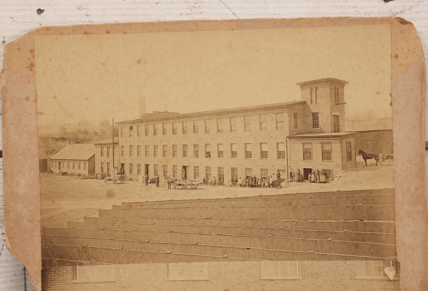 Lot 151 - Antique Board-Mounted Double Occupational Photograph Circa 1880 Depicting Unidentified Factory Or Mill Exterior And Group Portrait Of Workers Including Men, Women, And Boys