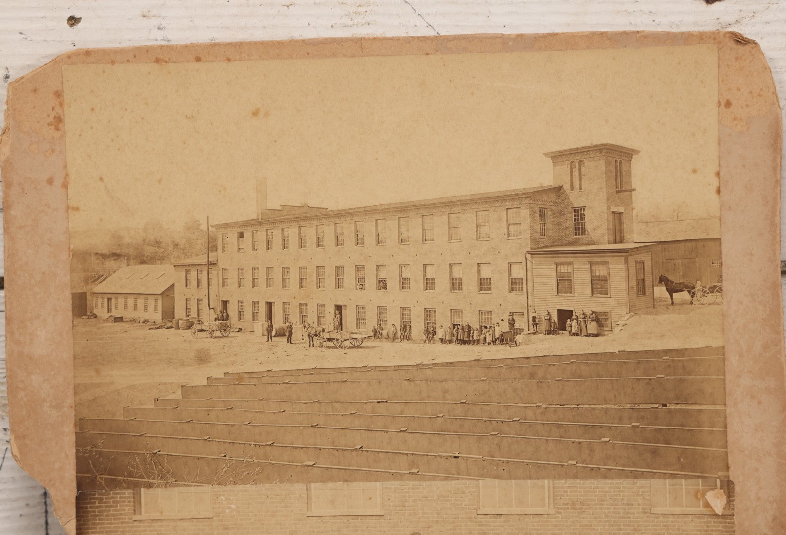 Lot 151 - Antique Board-Mounted Double Occupational Photograph Circa 1880 Depicting Unidentified Factory Or Mill Exterior And Group Portrait Of Workers Including Men, Women, And Boys