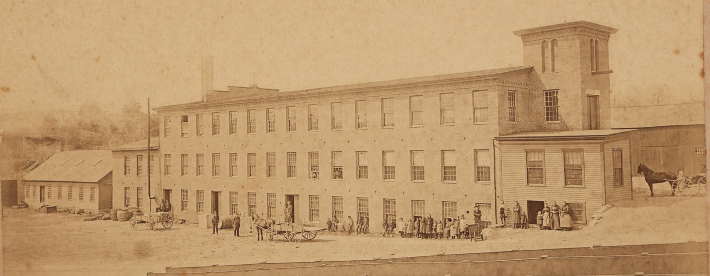Lot 151 - Antique Board-Mounted Double Occupational Photograph Circa 1880 Depicting Unidentified Factory Or Mill Exterior And Group Portrait Of Workers Including Men, Women, And Boys