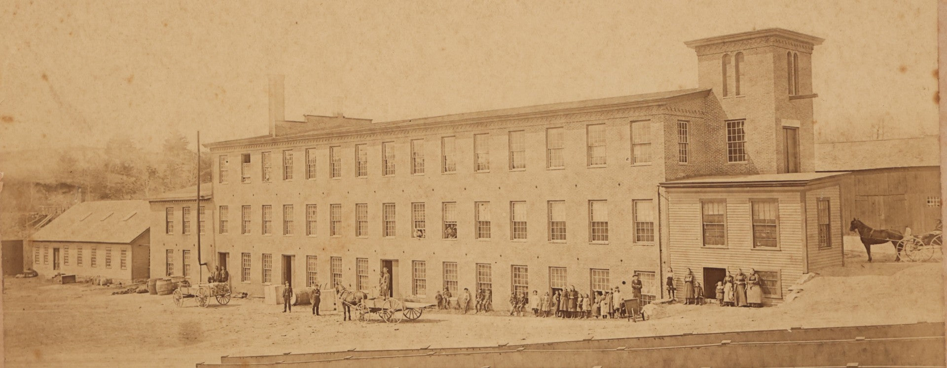 Lot 151 - Antique Board-Mounted Double Occupational Photograph Circa 1880 Depicting Unidentified Factory Or Mill Exterior And Group Portrait Of Workers Including Men, Women, And Boys