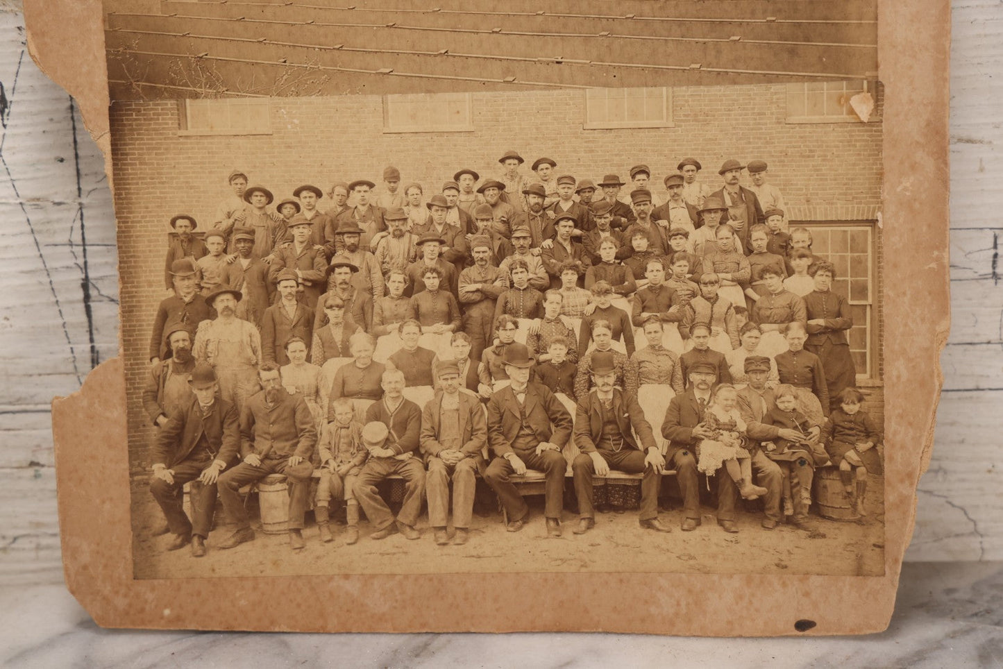 Lot 151 - Antique Board-Mounted Double Occupational Photograph Circa 1880 Depicting Unidentified Factory Or Mill Exterior And Group Portrait Of Workers Including Men, Women, And Boys