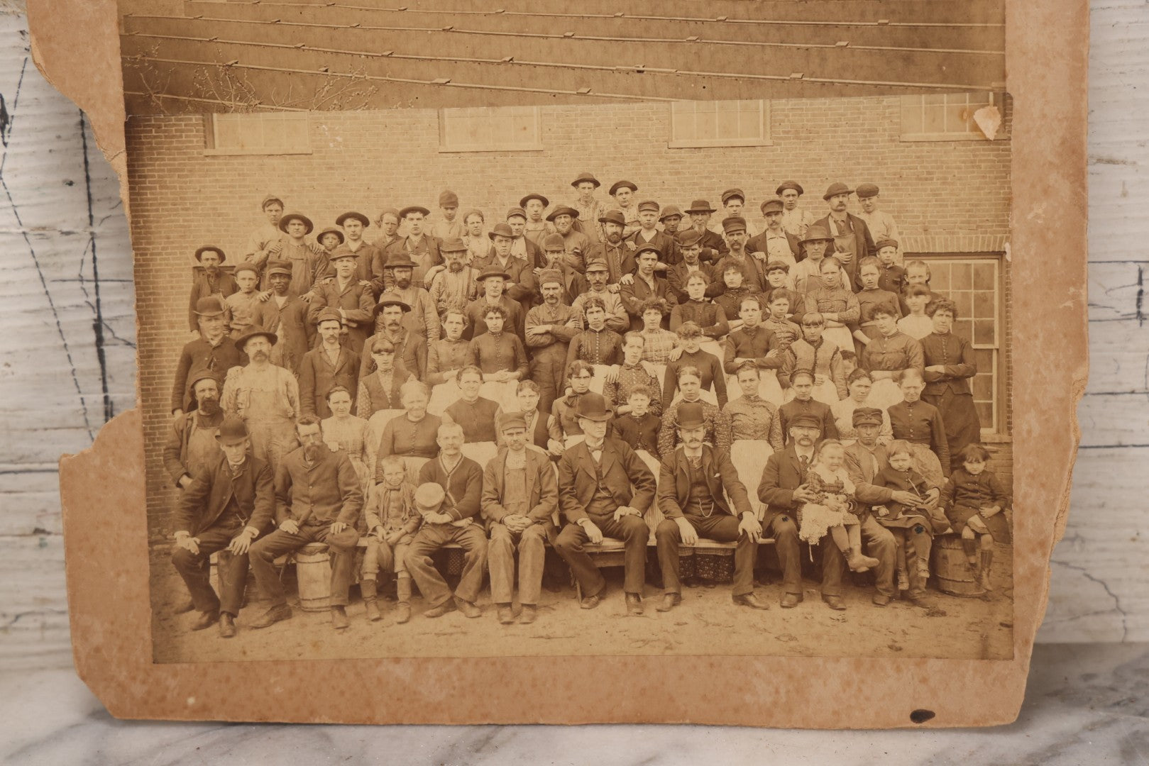 Lot 151 - Antique Board-Mounted Double Occupational Photograph Circa 1880 Depicting Unidentified Factory Or Mill Exterior And Group Portrait Of Workers Including Men, Women, And Boys