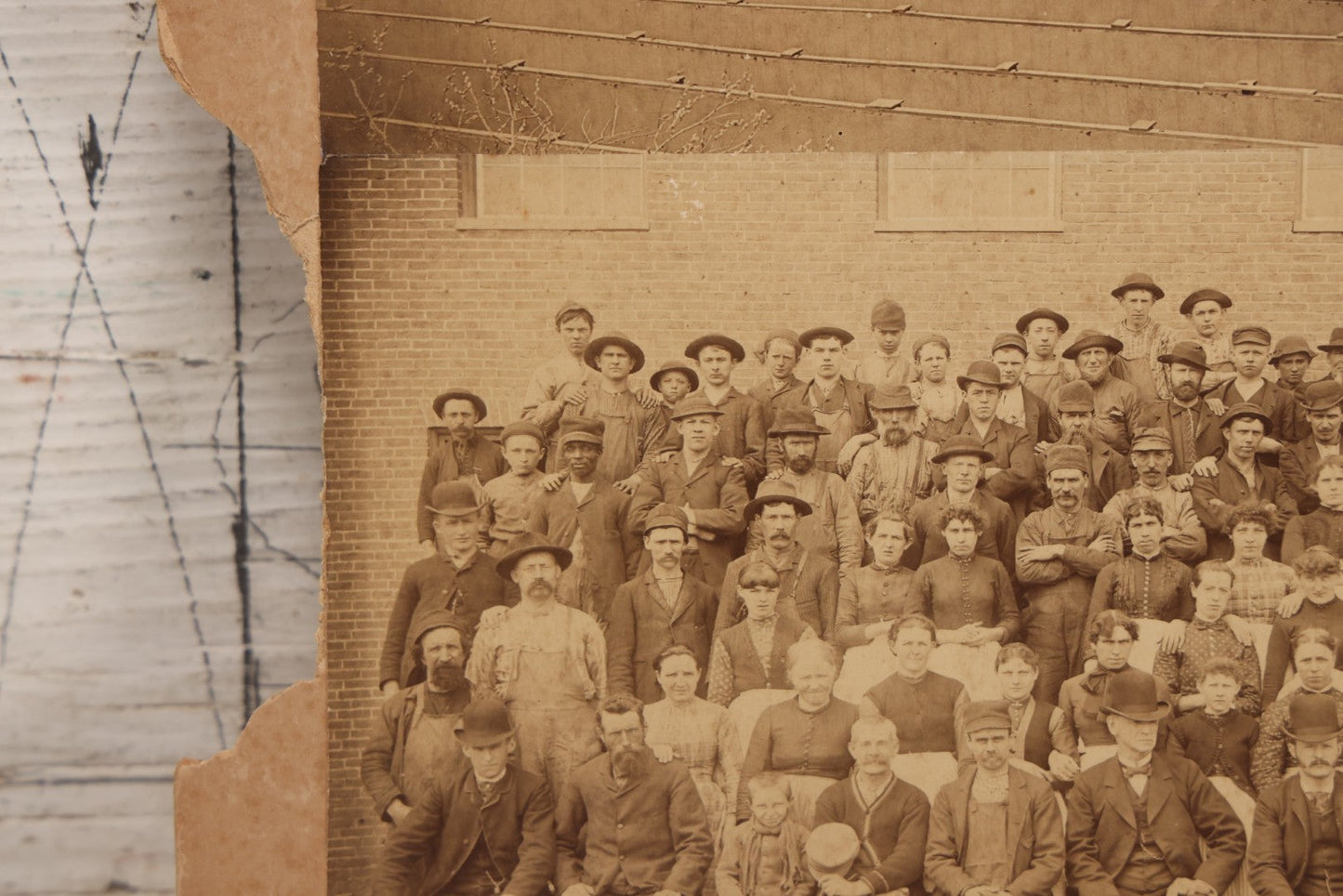 Lot 151 - Antique Board-Mounted Double Occupational Photograph Circa 1880 Depicting Unidentified Factory Or Mill Exterior And Group Portrait Of Workers Including Men, Women, And Boys