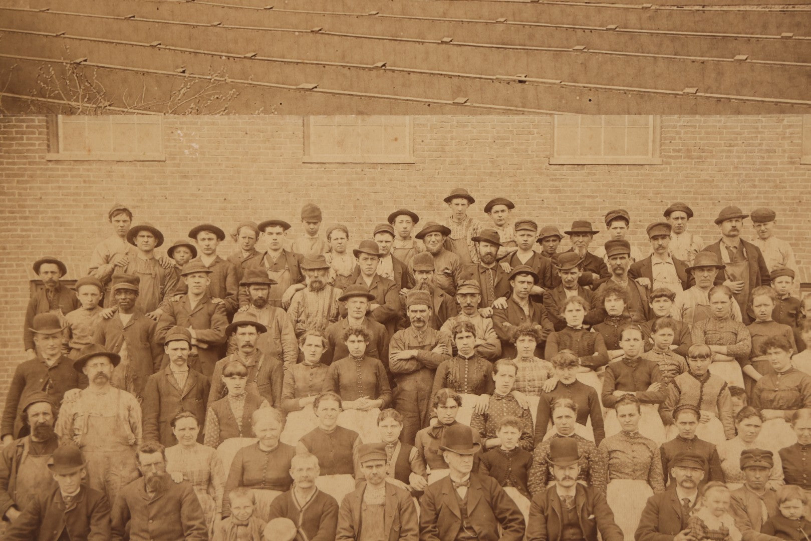 Lot 151 - Antique Board-Mounted Double Occupational Photograph Circa 1880 Depicting Unidentified Factory Or Mill Exterior And Group Portrait Of Workers Including Men, Women, And Boys