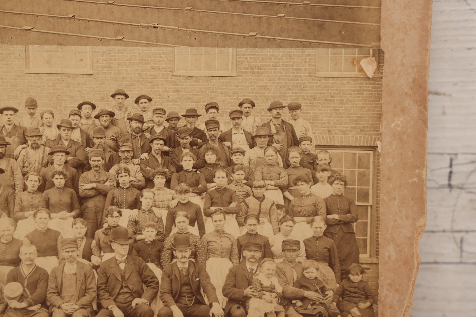 Lot 151 - Antique Board-Mounted Double Occupational Photograph Circa 1880 Depicting Unidentified Factory Or Mill Exterior And Group Portrait Of Workers Including Men, Women, And Boys