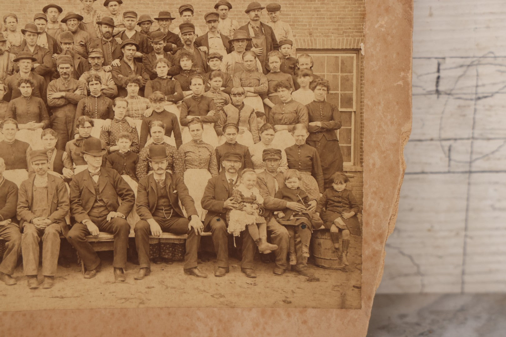 Lot 151 - Antique Board-Mounted Double Occupational Photograph Circa 1880 Depicting Unidentified Factory Or Mill Exterior And Group Portrait Of Workers Including Men, Women, And Boys