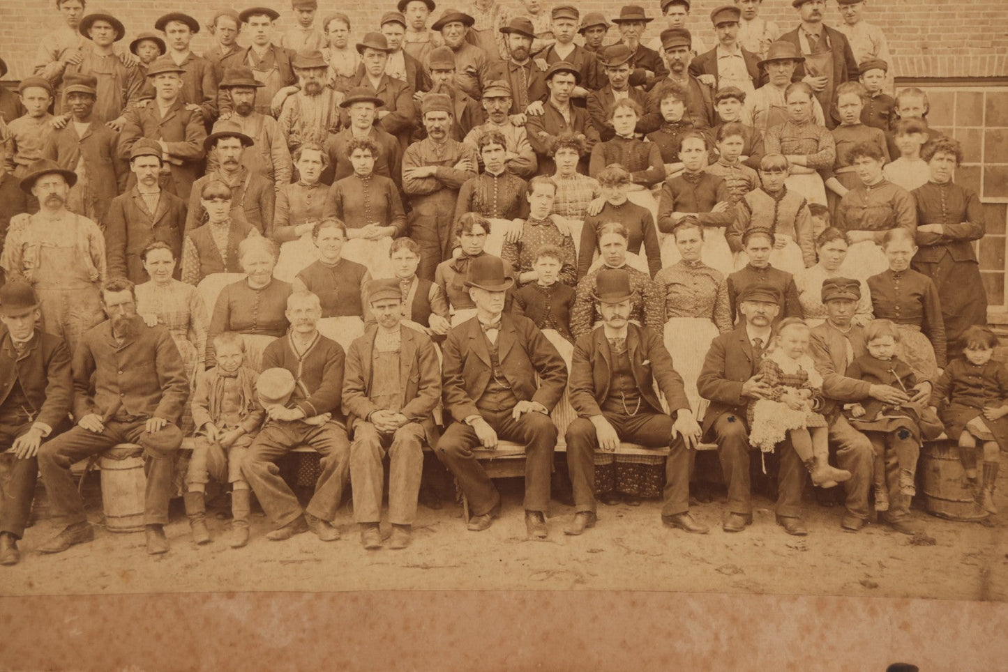Lot 151 - Antique Board-Mounted Double Occupational Photograph Circa 1880 Depicting Unidentified Factory Or Mill Exterior And Group Portrait Of Workers Including Men, Women, And Boys