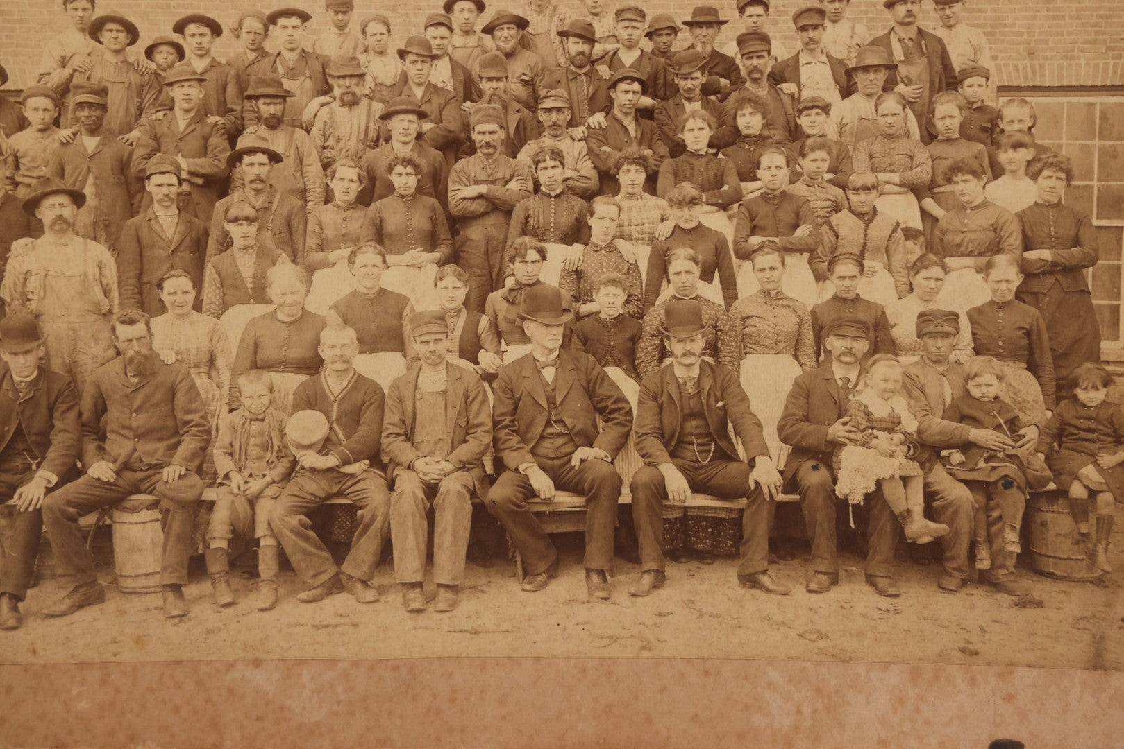 Lot 151 - Antique Board-Mounted Double Occupational Photograph Circa 1880 Depicting Unidentified Factory Or Mill Exterior And Group Portrait Of Workers Including Men, Women, And Boys