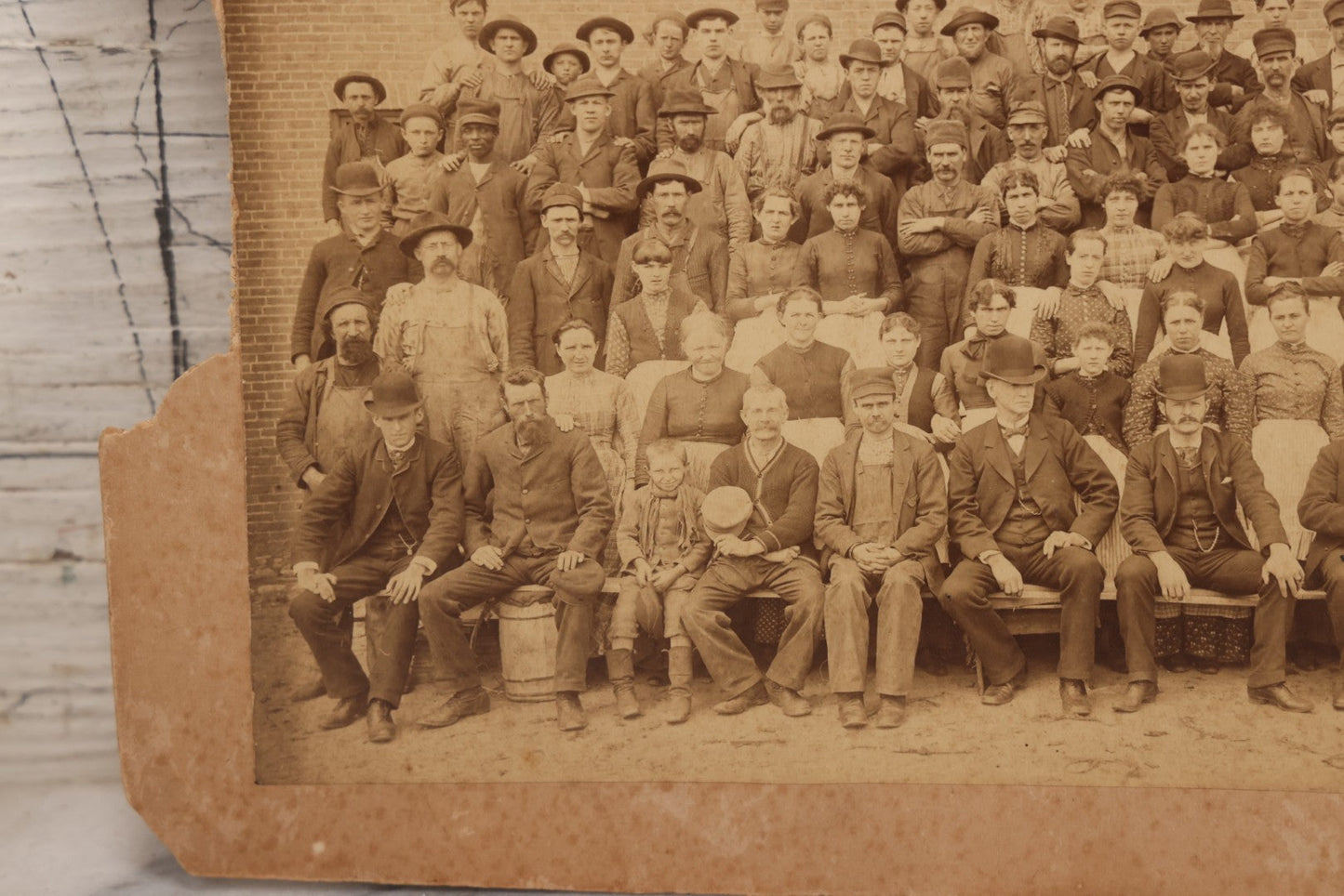 Lot 151 - Antique Board-Mounted Double Occupational Photograph Circa 1880 Depicting Unidentified Factory Or Mill Exterior And Group Portrait Of Workers Including Men, Women, And Boys
