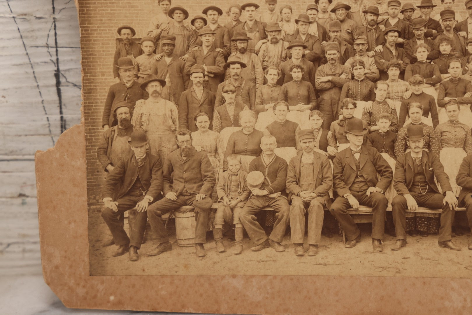Lot 151 - Antique Board-Mounted Double Occupational Photograph Circa 1880 Depicting Unidentified Factory Or Mill Exterior And Group Portrait Of Workers Including Men, Women, And Boys