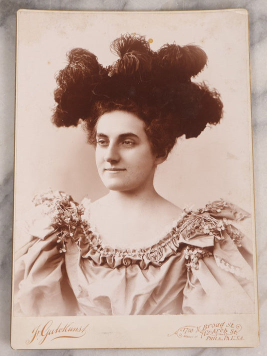 Lot 152 - Antique Large-Format Cabinet Card Portrait Of Woman With Elaborate Feathered Hairstyle Identified As “Auntie Bud Freeman,” Photographed By Frederick Gutekunst, Philadelphia, Circa 1900