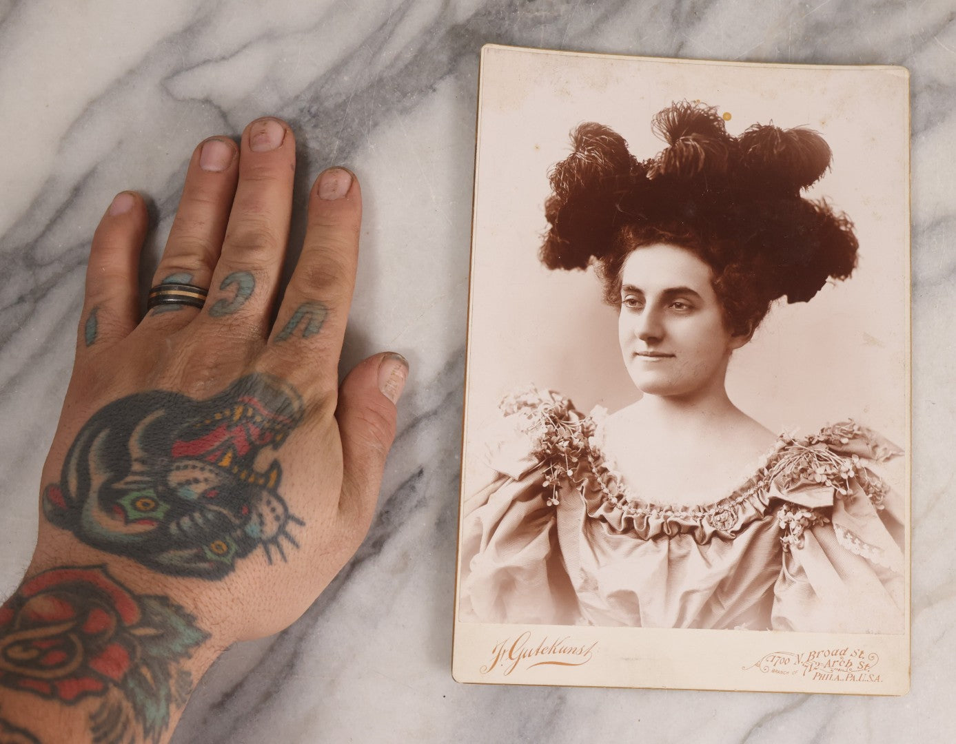Lot 152 - Antique Large-Format Cabinet Card Portrait Of Woman With Elaborate Feathered Hairstyle Identified As “Auntie Bud Freeman,” Photographed By Frederick Gutekunst, Philadelphia, Circa 1900
