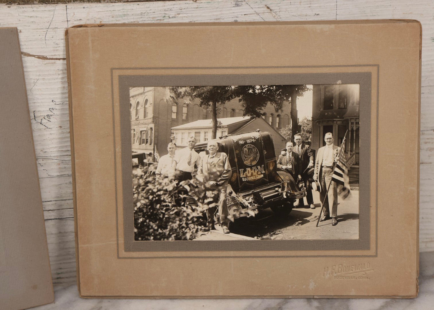 Lot 158 - Pair Of Vintage Early 20th Century Boarded Outdoor Photographs Of Men Including Loyal Order Of Moose Automobile Photographed By H. F. Bonewald, Rockville, Connecticut