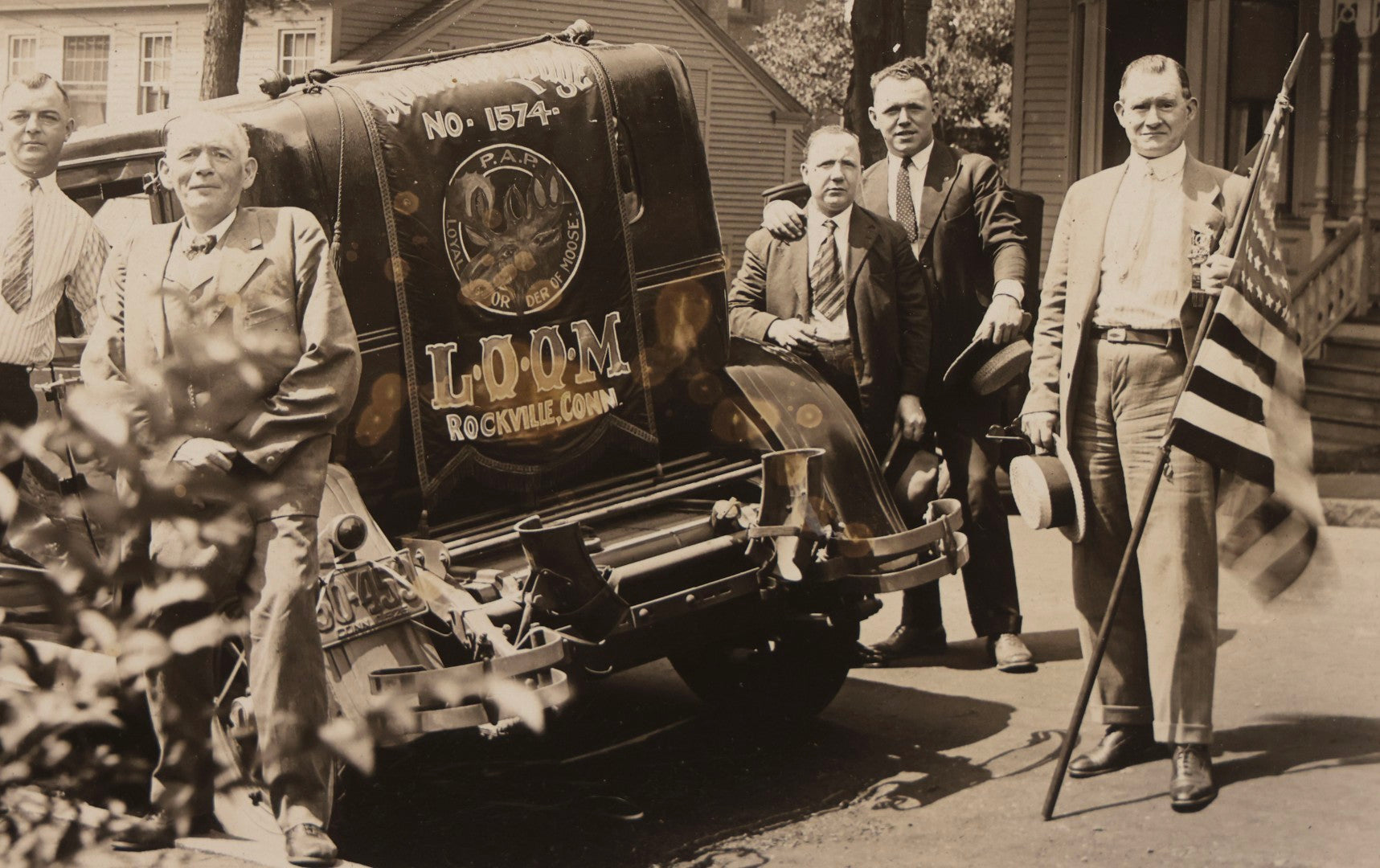 Lot 158 - Pair Of Vintage Early 20th Century Boarded Outdoor Photographs Of Men Including Loyal Order Of Moose Automobile Photographed By H. F. Bonewald, Rockville, Connecticut