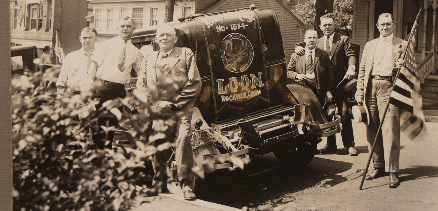 Lot 158 - Pair Of Vintage Early 20th Century Boarded Outdoor Photographs Of Men Including Loyal Order Of Moose Automobile Photographed By H. F. Bonewald, Rockville, Connecticut