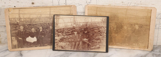 Lot 159 - Trio Of Antique Late 19th Century Boarded Outdoor Photographs Of Men Seated Along Rock Wall Including Duplicate Boudoir Cabinet Cards