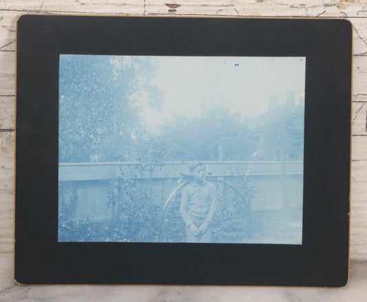 Lot 161 - Antique Boarded Cyanotype Photograph Of Young Boy With High-Wheel Bicycle Identified As E.S.B.