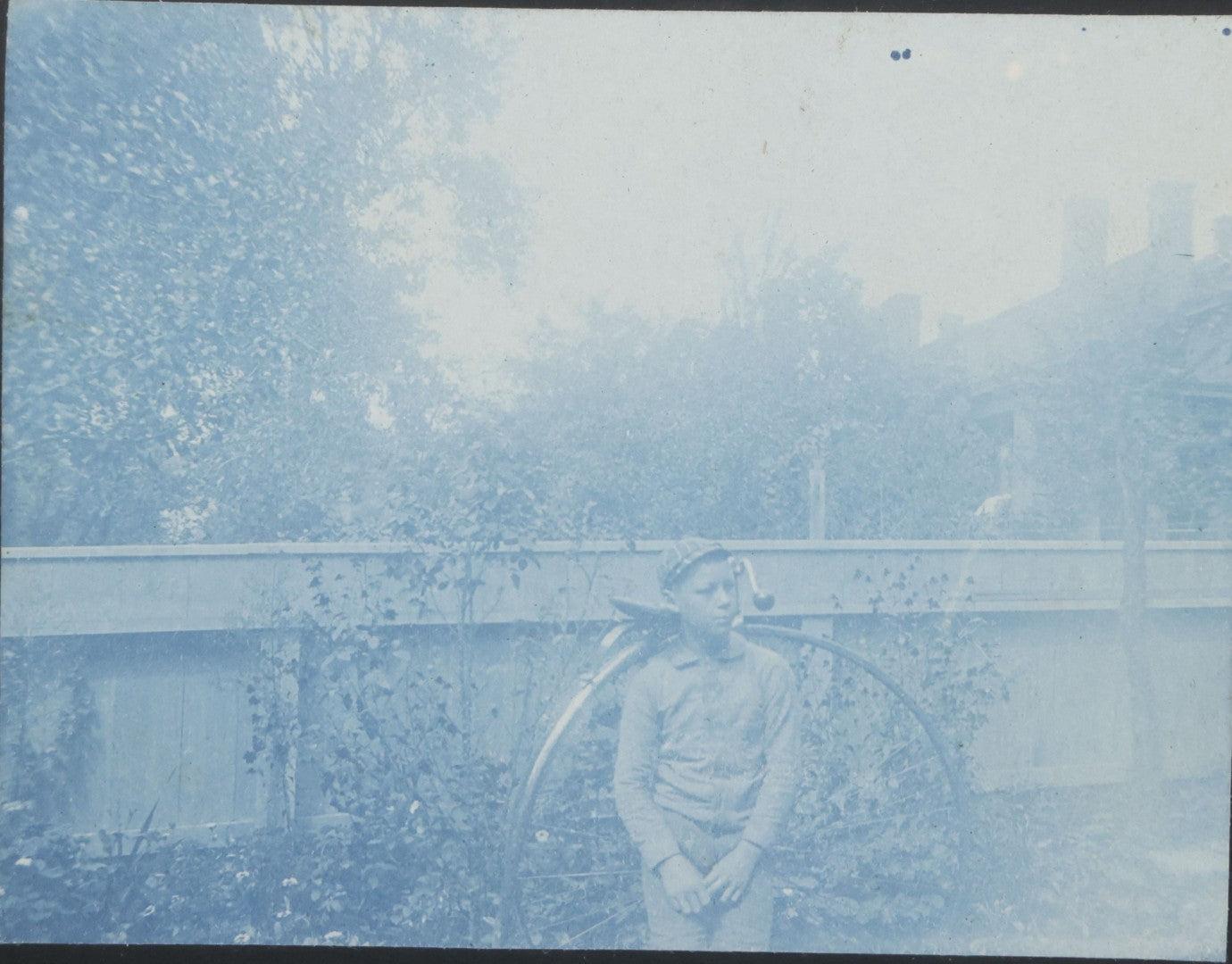 Lot 161 - Antique Boarded Cyanotype Photograph Of Young Boy With High-Wheel Bicycle Identified As E.S.B.
