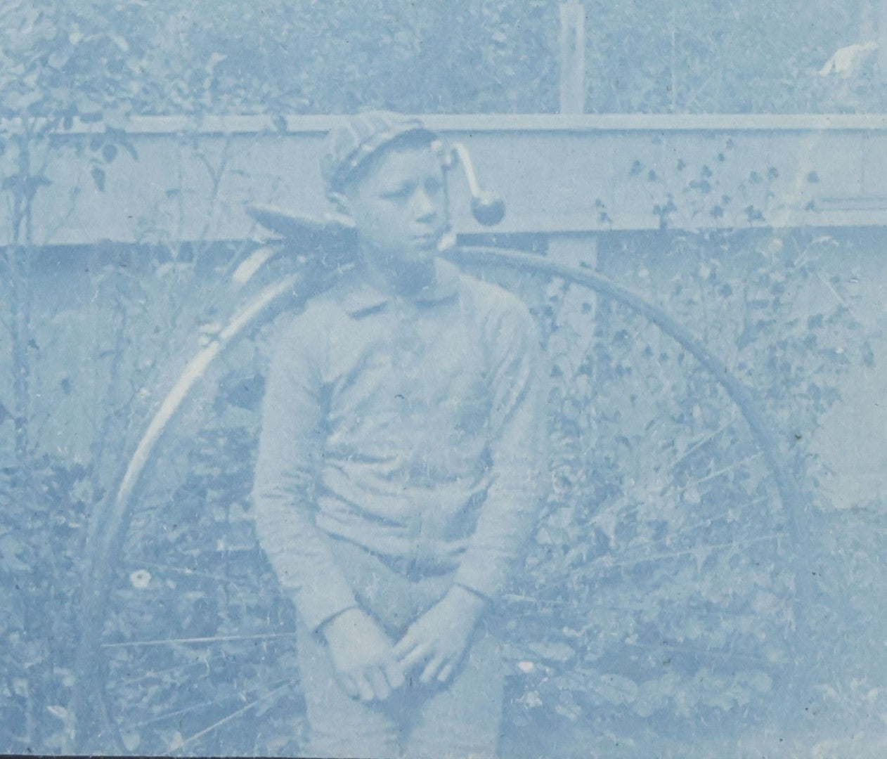 Lot 161 - Antique Boarded Cyanotype Photograph Of Young Boy With High-Wheel Bicycle Identified As E.S.B.