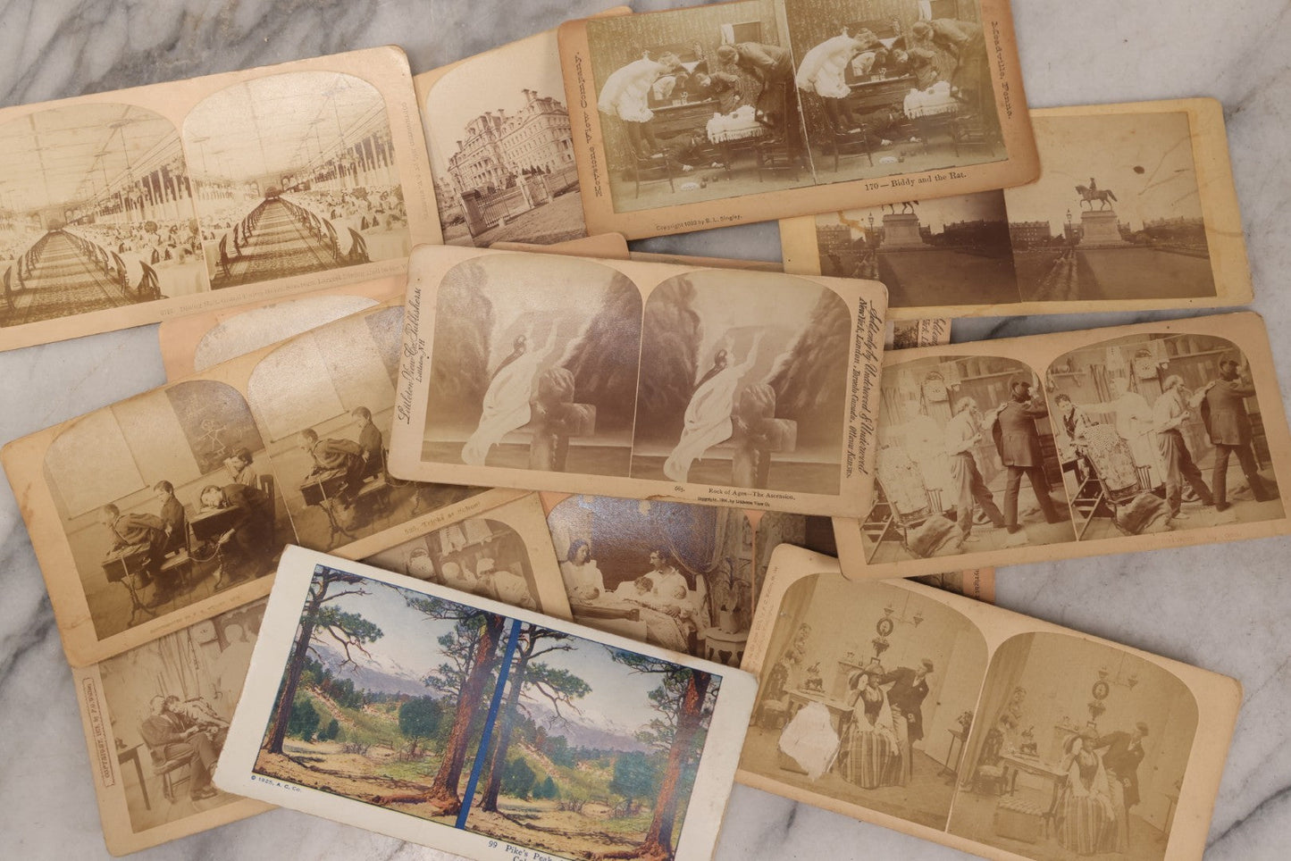 Lot 171 - Grouping Of 13 Antique Photographic Stereo View Cards Depicting Rock Of Ages, Comic Staged Scenes, Admiral Dewey Parade, Interior And Exterior Architecture, And Art