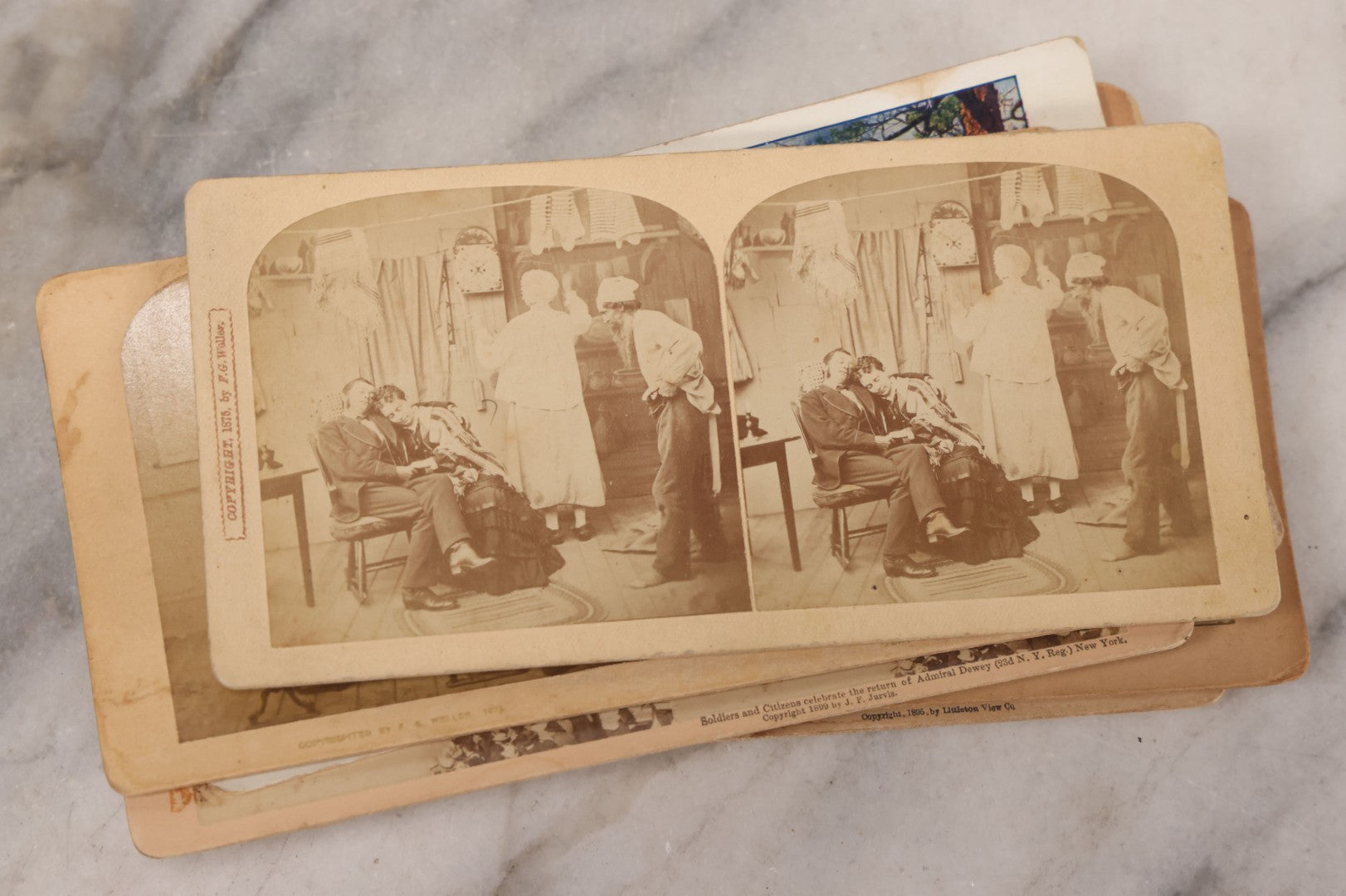 Lot 171 - Grouping Of 13 Antique Photographic Stereo View Cards Depicting Rock Of Ages, Comic Staged Scenes, Admiral Dewey Parade, Interior And Exterior Architecture, And Art