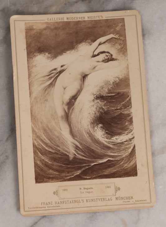 Lot 172 - Antique Illustrated Art Cabinet Card After Pierre Dupuis “La Vague,” Nude Female Figure Emerging From Wave, Galerie Moderner Meister, Franz Hanfstaengl Kunstverlag, Munich