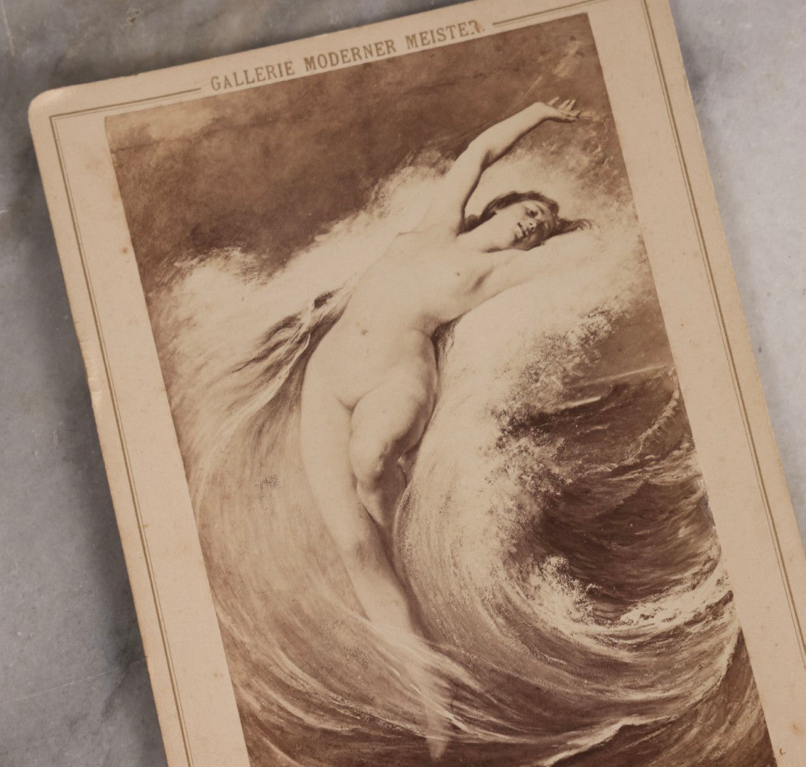 Lot 172 - Antique Illustrated Art Cabinet Card After Pierre Dupuis “La Vague,” Nude Female Figure Emerging From Wave, Galerie Moderner Meister, Franz Hanfstaengl Kunstverlag, Munich