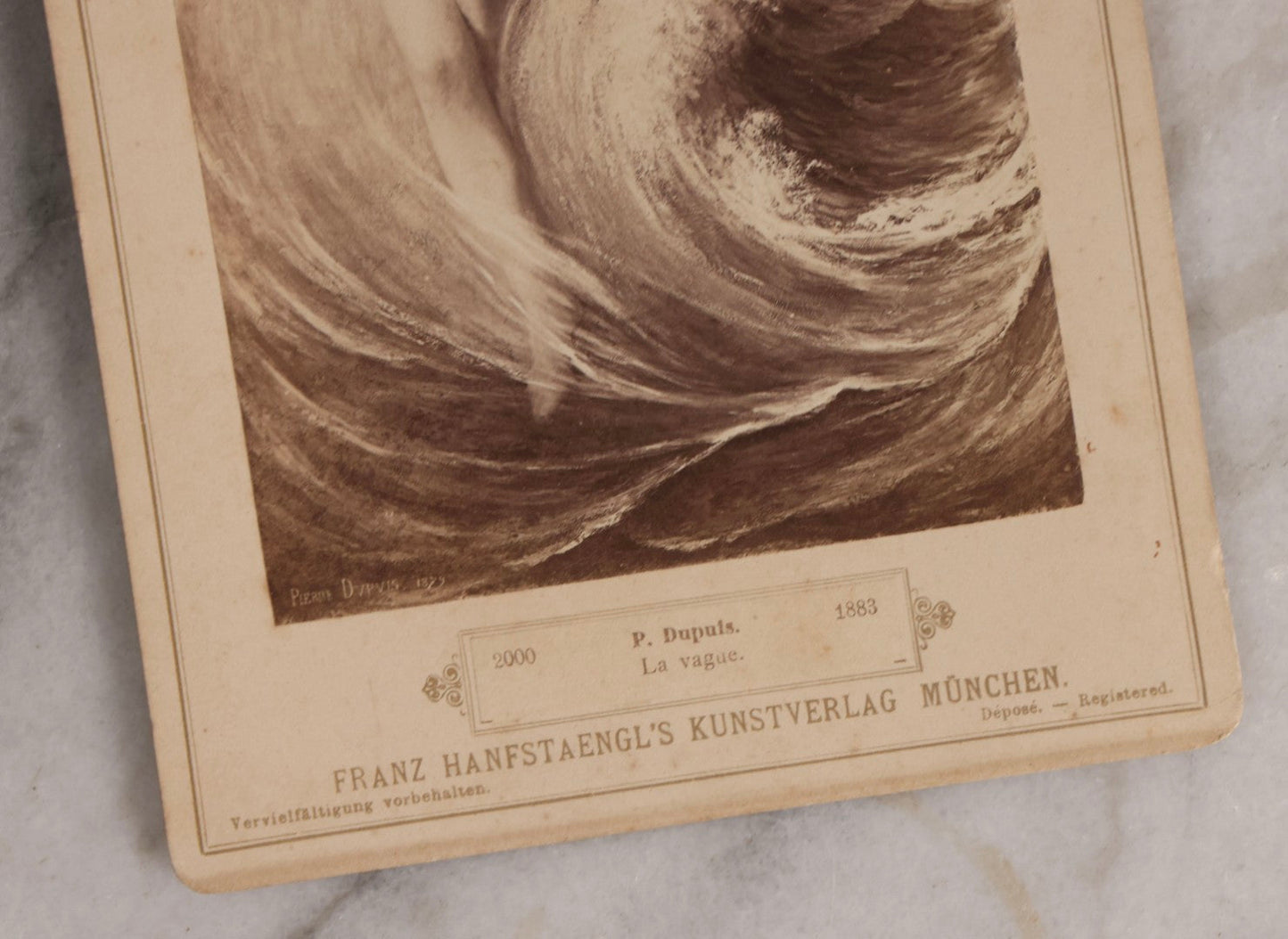 Lot 172 - Antique Illustrated Art Cabinet Card After Pierre Dupuis “La Vague,” Nude Female Figure Emerging From Wave, Galerie Moderner Meister, Franz Hanfstaengl Kunstverlag, Munich