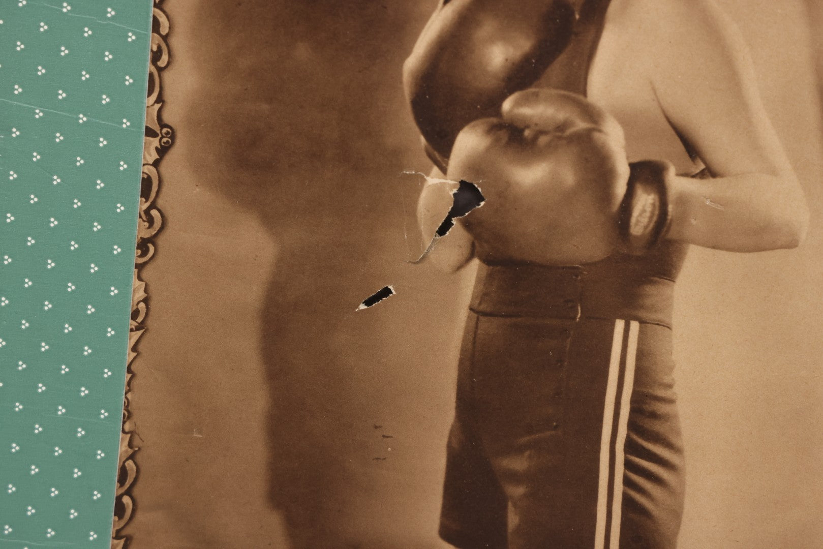 Lot 173 - Vintage Black And White Photograph Of Female Boxer Dorothy Mackaill In Blue Patterned Paper Frame, Likely Promotional Photo, Handwritten Pencil Identification On Verso, Note Small Tears And Holes Center Of Photo