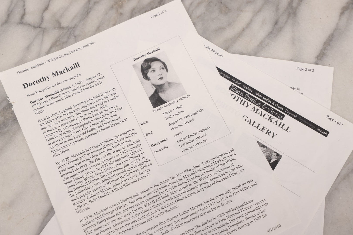 Lot 173 - Vintage Black And White Photograph Of Female Boxer Dorothy Mackaill In Blue Patterned Paper Frame, Likely Promotional Photo, Handwritten Pencil Identification On Verso, Note Small Tears And Holes Center Of Photo