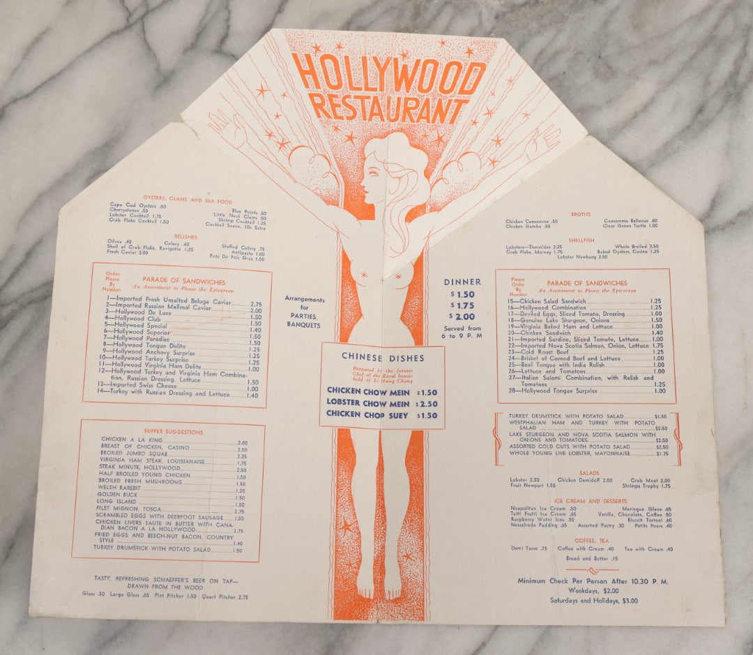 Lot 178 - Vintage Fold-Out Hollywood Cabaret Restaurant Menu, Broadway At 48th Street, New York, Featuring Art Deco Figural Illustration, Circa 1930