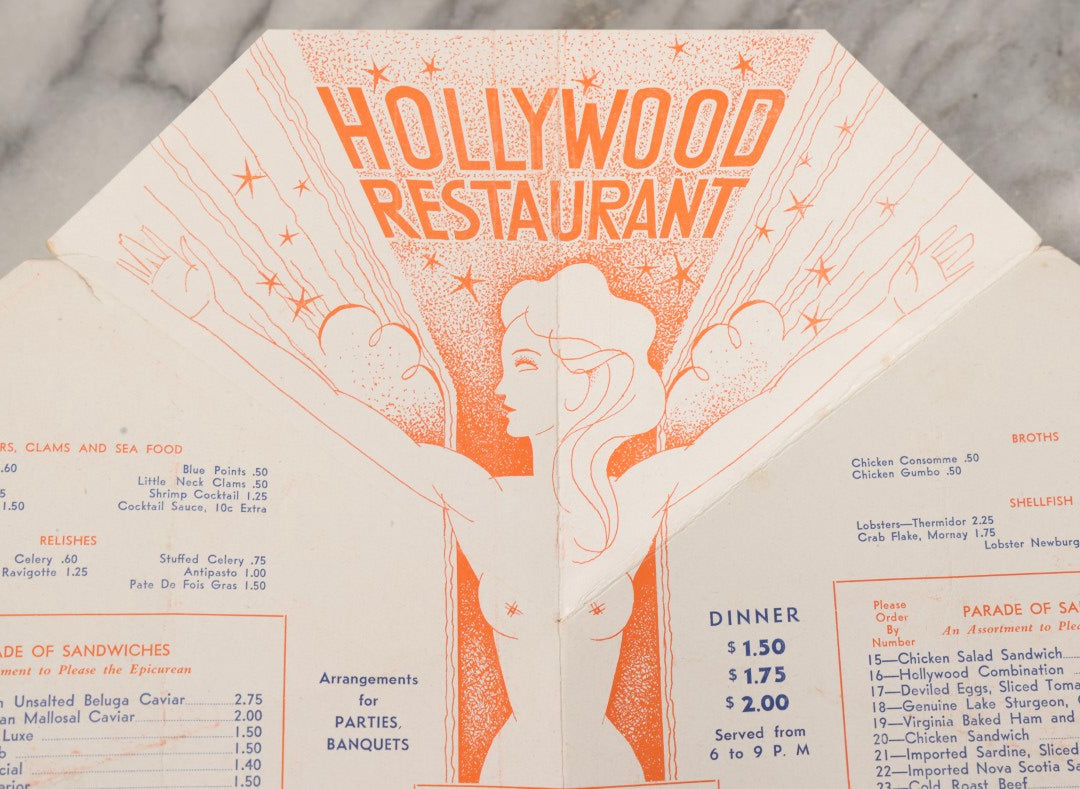 Lot 178 - Vintage Fold-Out Hollywood Cabaret Restaurant Menu, Broadway At 48th Street, New York, Featuring Art Deco Figural Illustration, Circa 1930