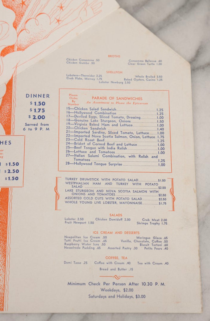 Lot 178 - Vintage Fold-Out Hollywood Cabaret Restaurant Menu, Broadway At 48th Street, New York, Featuring Art Deco Figural Illustration, Circa 1930