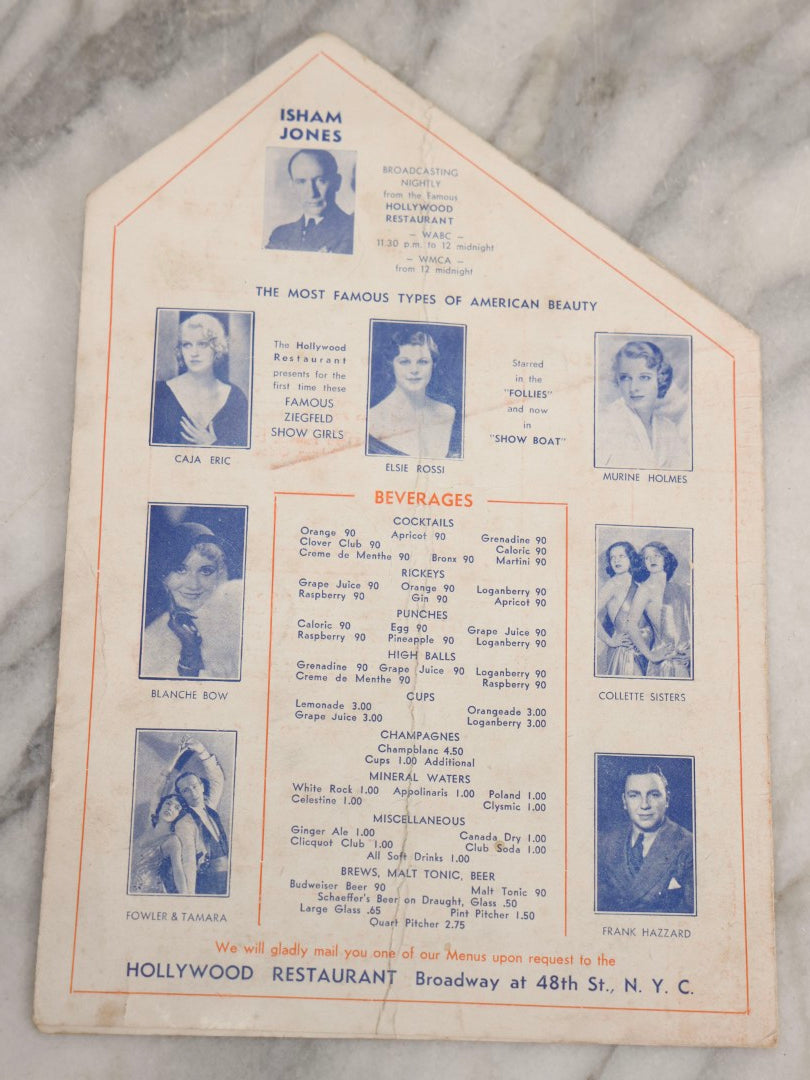 Lot 178 - Vintage Fold-Out Hollywood Cabaret Restaurant Menu, Broadway At 48th Street, New York, Featuring Art Deco Figural Illustration, Circa 1930