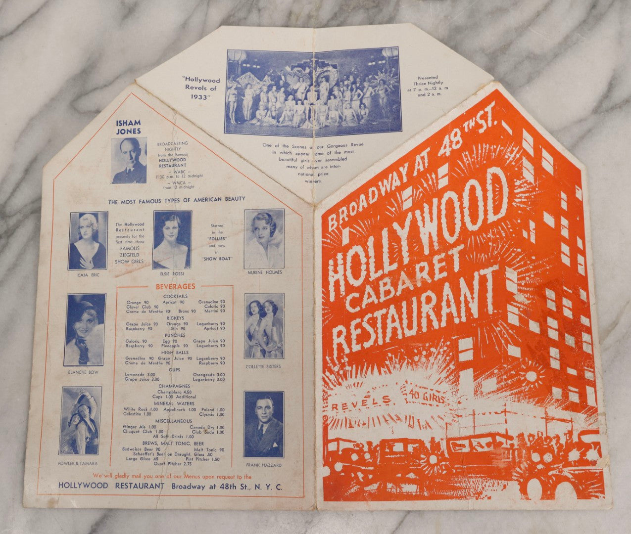 Lot 178 - Vintage Fold-Out Hollywood Cabaret Restaurant Menu, Broadway At 48th Street, New York, Featuring Art Deco Figural Illustration, Circa 1930