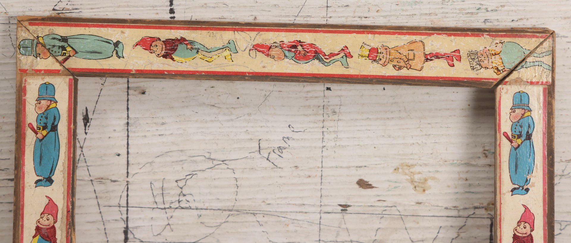 Lot 180 - Antique Wooden Picture Frame With Applied Lithographed Paper Border Featuring Palmer Cox Brownies Illustrations