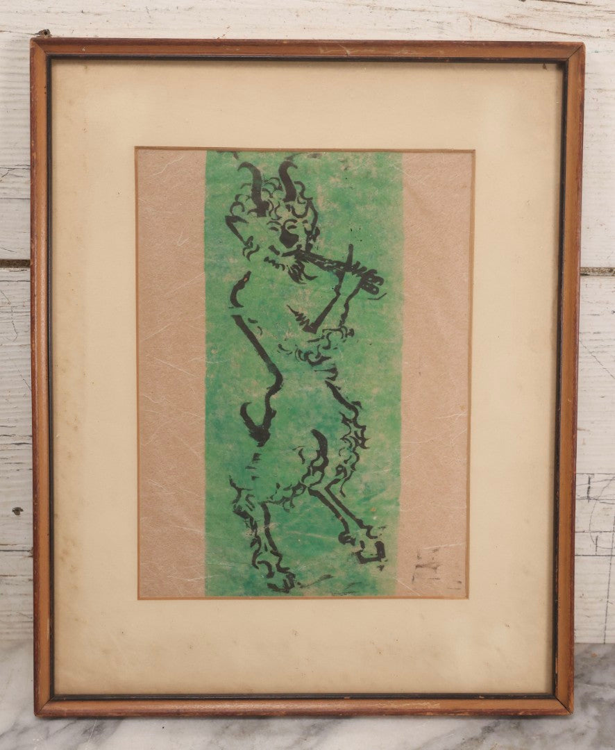 Lot 181 - Vintage Framed Relief Print Depicting Pan Playing The Flute, Modernist Mythological Figure Study