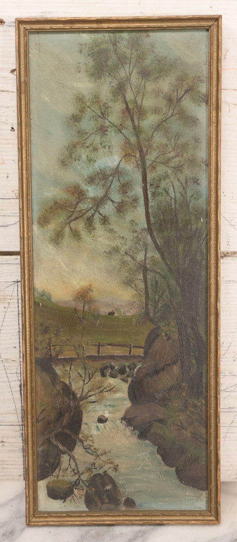 Lot 182 - Antique Unsigned Oil On Board Landscape Painting Depicting Stream, Bridge, And Trees