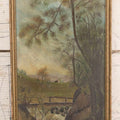 Lot 182 - Antique Unsigned Oil On Board Landscape Painting Depicting Stream, Bridge, And Trees, 6-1/2" x 16-1/2"