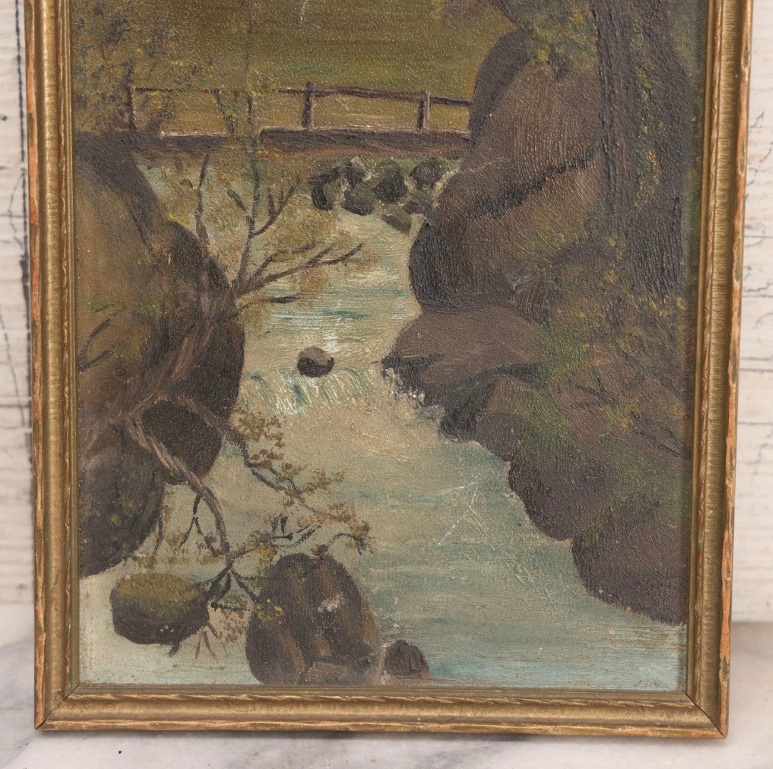 Lot 182 - Antique Unsigned Oil On Board Landscape Painting Depicting Stream, Bridge, And Trees