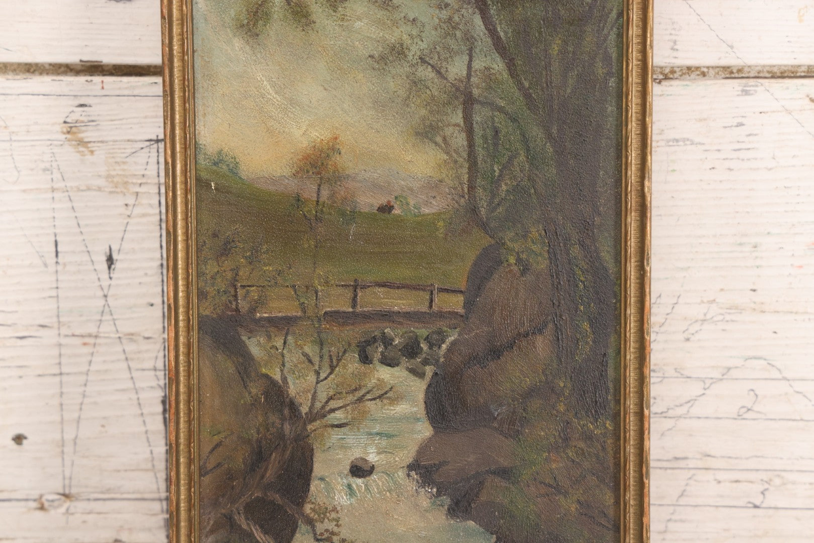 Lot 182 - Antique Unsigned Oil On Board Landscape Painting Depicting Stream, Bridge, And Trees