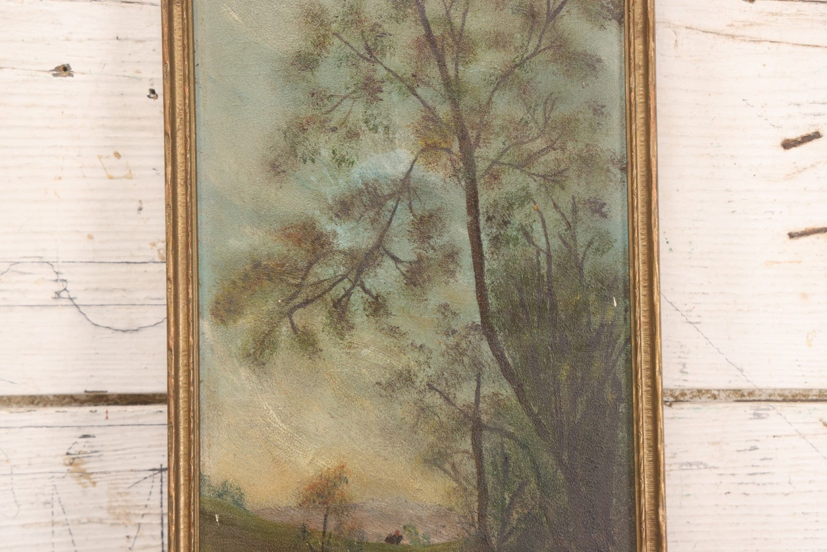 Lot 182 - Antique Unsigned Oil On Board Landscape Painting Depicting Stream, Bridge, And Trees