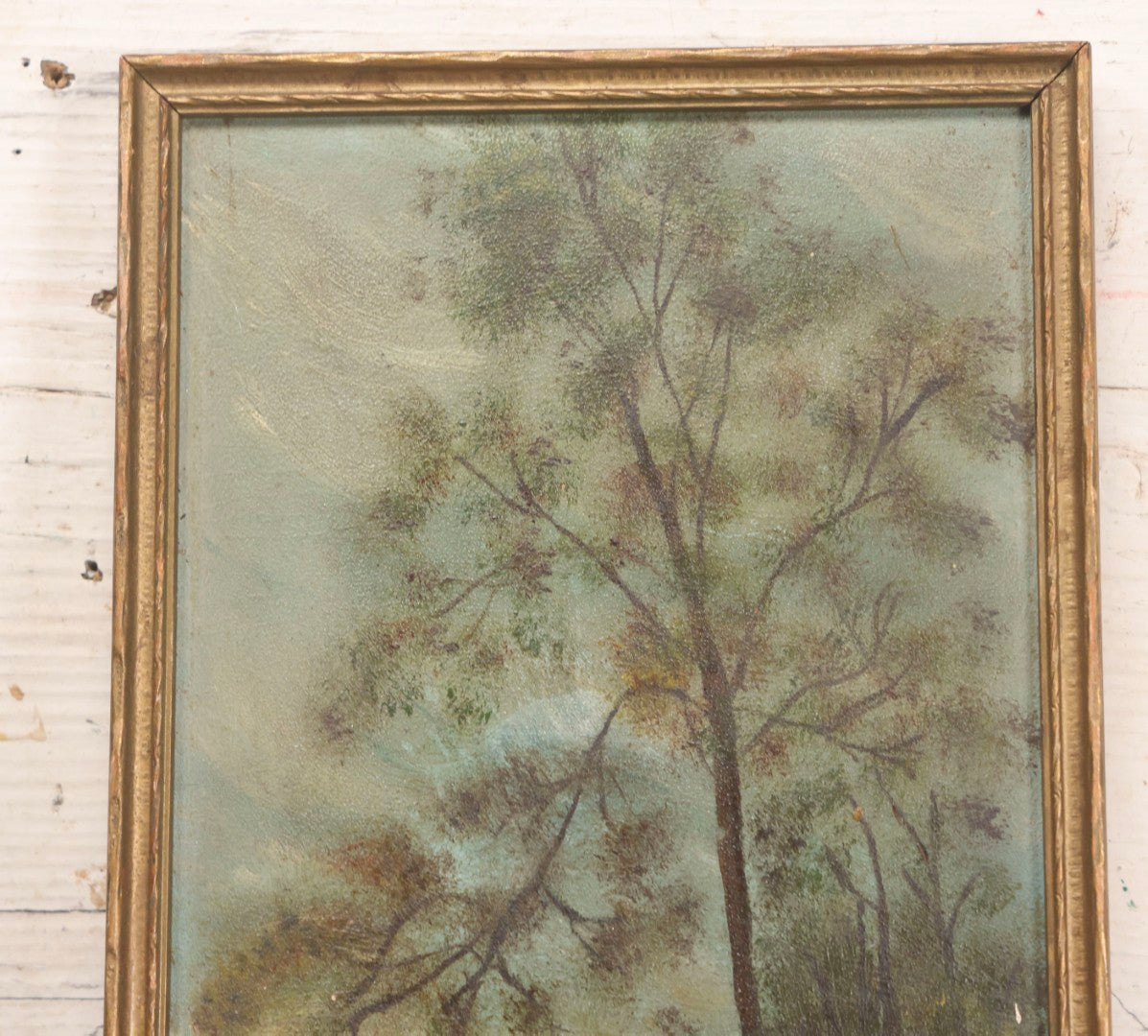 Lot 182 - Antique Unsigned Oil On Board Landscape Painting Depicting Stream, Bridge, And Trees