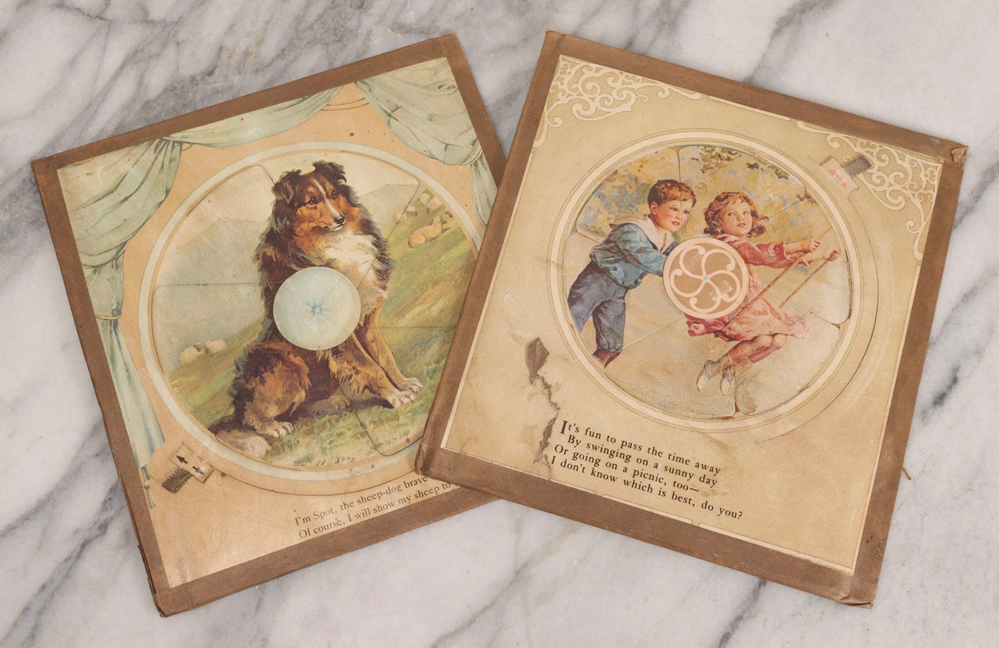 Lot 190 - Pair Of Antique Revolving Chromolithograph Pages From “Surprising Pictures For Little Folk” By Ernest Nister, Sheep Dog Pastoral Scene And Children At Play, Circa 1890s