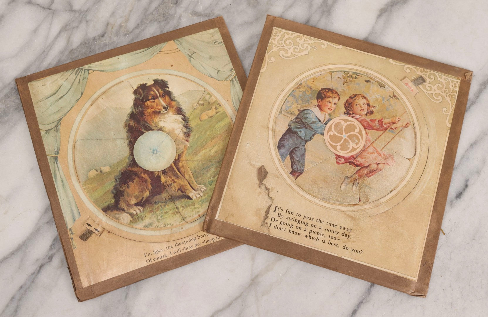 Lot 190 - Pair Of Antique Revolving Chromolithograph Pages From “Surprising Pictures For Little Folk” By Ernest Nister, Sheep Dog Pastoral Scene And Children At Play, Circa 1890s