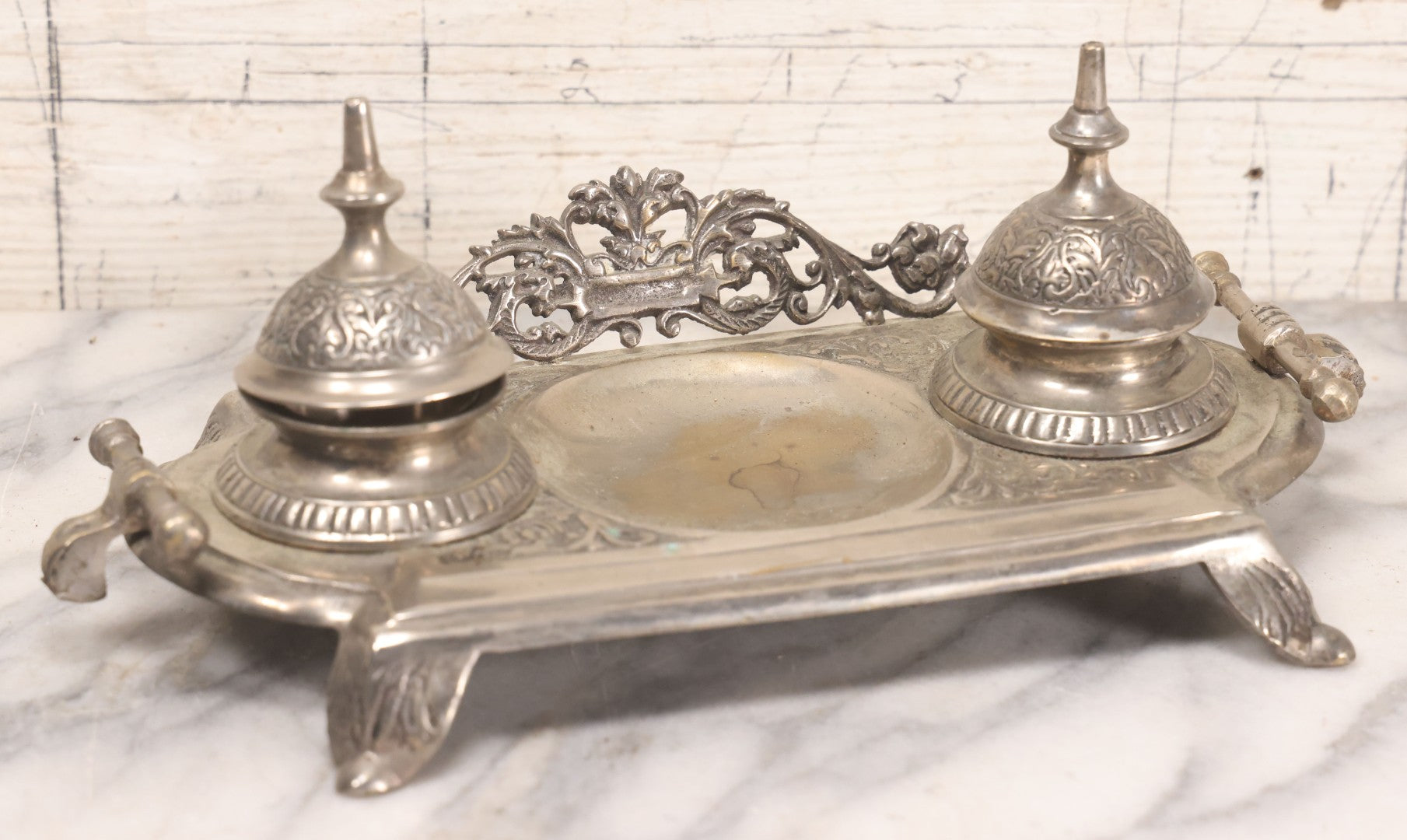 Lot 191 - Antique Double Inkwell And Pen Stand With Ornate Floral Scroll Decoration, Missing One Metal Cup