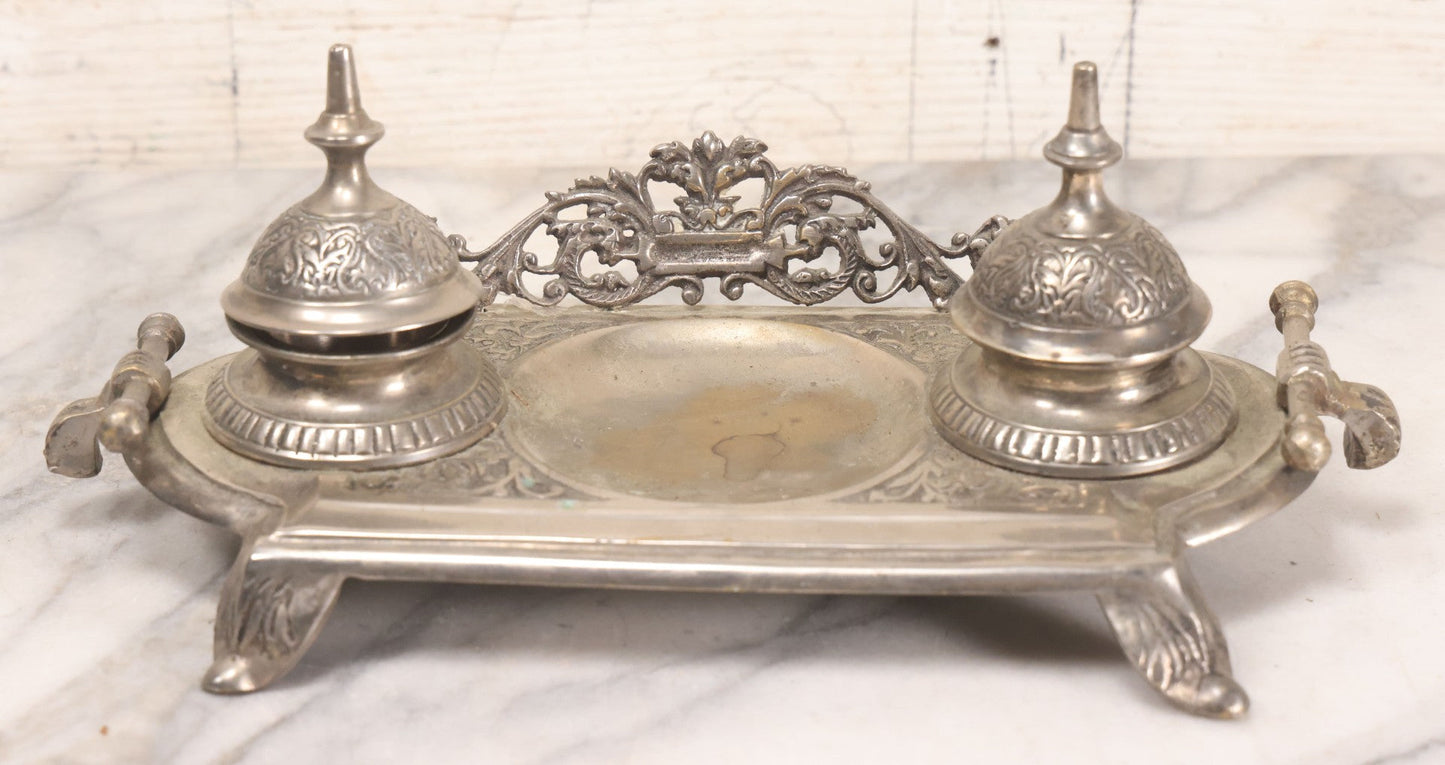 Lot 191 - Antique Double Inkwell And Pen Stand With Ornate Floral Scroll Decoration, Missing One Metal Cup