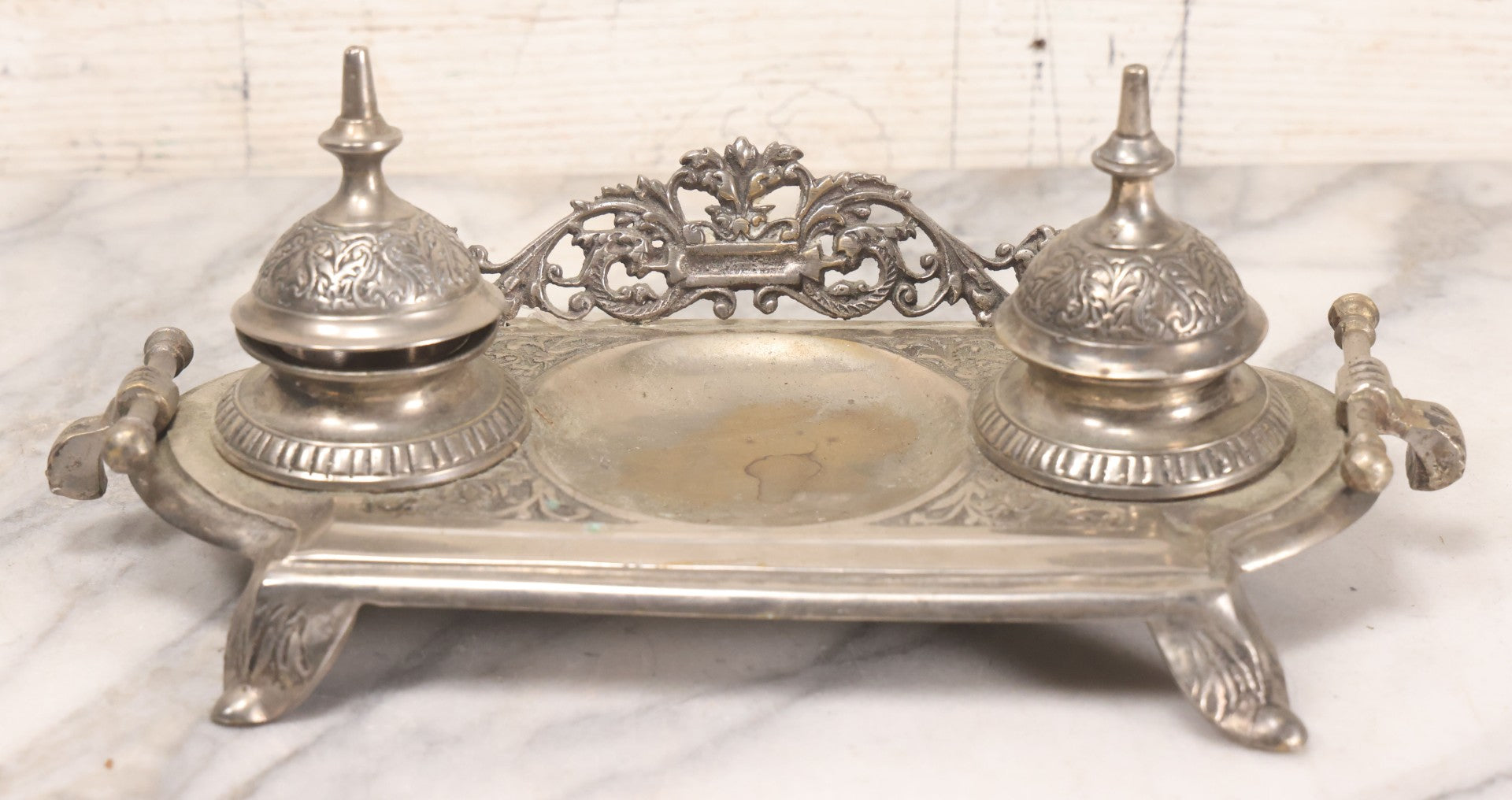 Lot 191 - Antique Double Inkwell And Pen Stand With Ornate Floral Scroll Decoration, Missing One Metal Cup