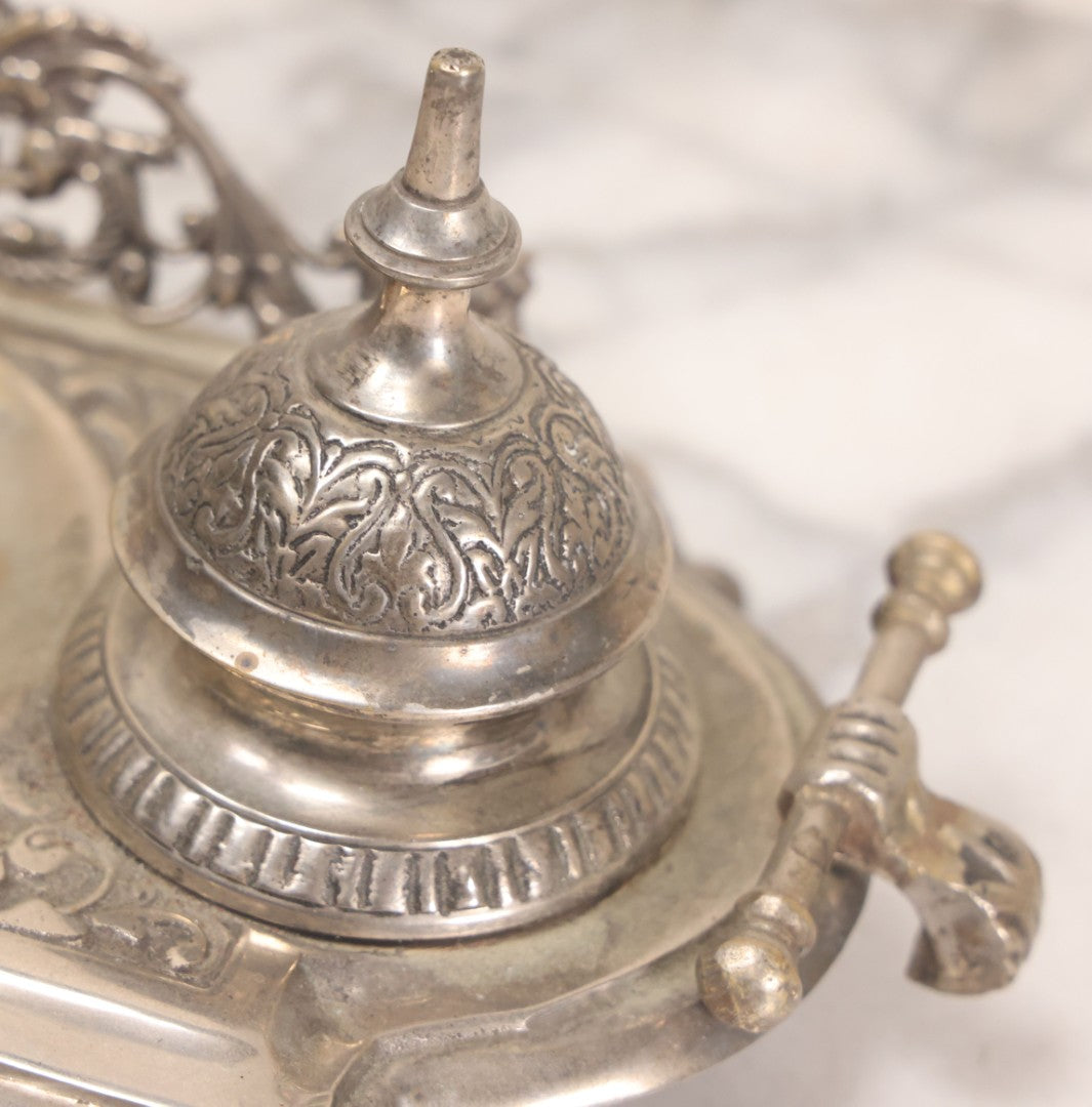 Lot 191 - Antique Double Inkwell And Pen Stand With Ornate Floral Scroll Decoration, Missing One Metal Cup